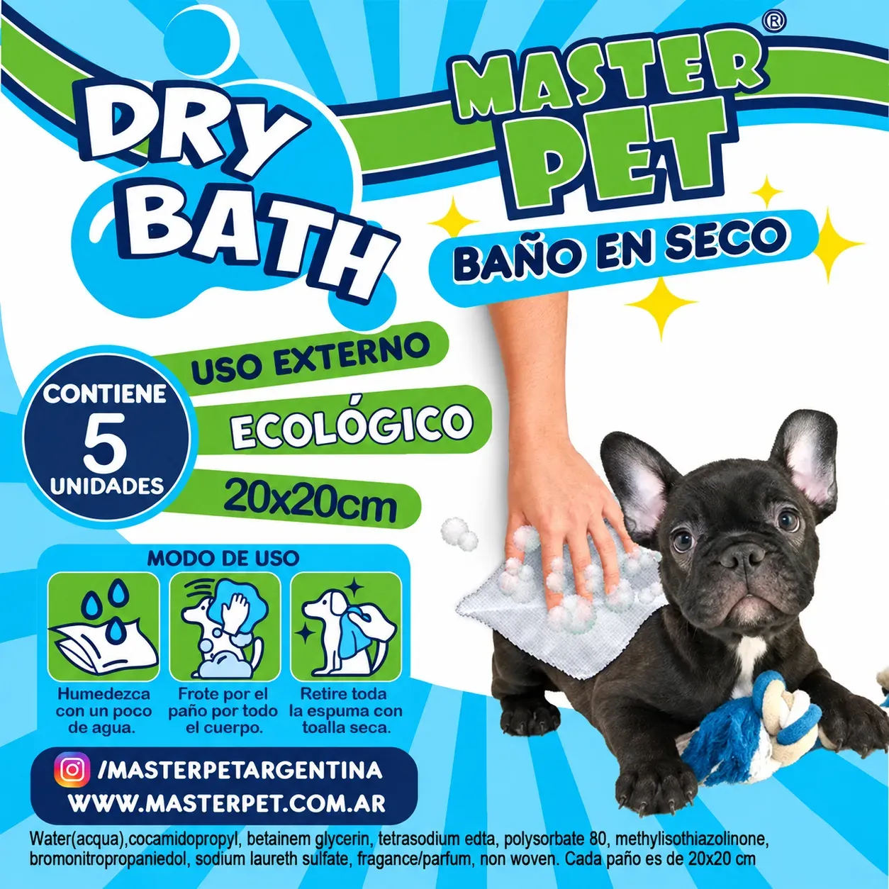 Envase de Dry Bath Master Pet, baño en seco de uso externo, con un bulldog francés negro: 5 paños de 20 × 20 cm