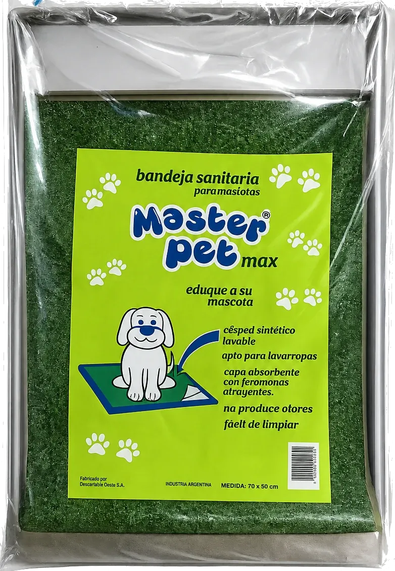 Carpeta de césped sintético Master Pet Max en su envase: bandeja sanitaria con césped lavable