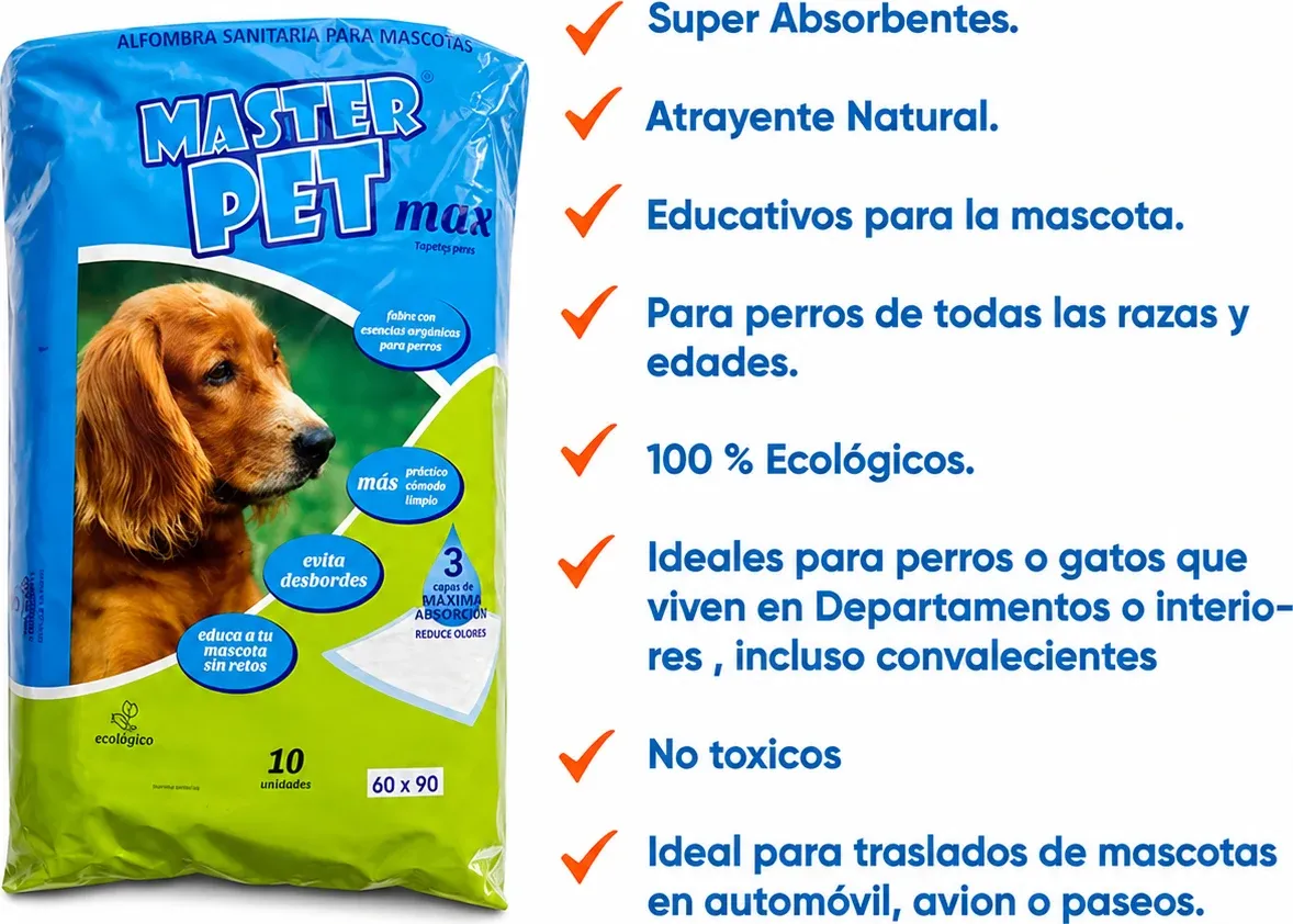 Paquete de Master Pet Max y sus beneficios: súper absorbentes, con atrayente natural, para perros de todas las razas y edades, 100 % ecológicos y no tóxicos